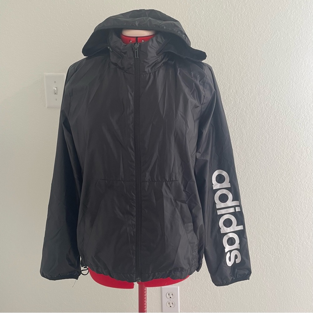 Adidas Black Hooded Rain Jacket with White Logo